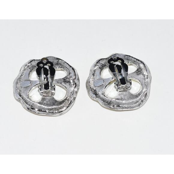 KENNETH JAY LANE Vintage Flower and Rhinestones Crystal Clip Earrings - Picture 7 of 8